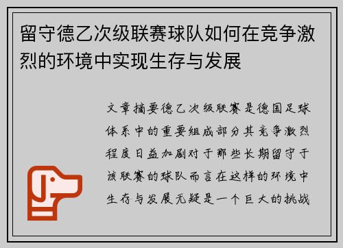 留守德乙次级联赛球队如何在竞争激烈的环境中实现生存与发展