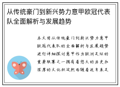 从传统豪门到新兴势力意甲欧冠代表队全面解析与发展趋势