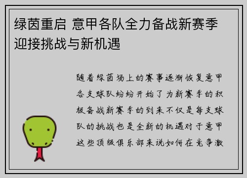 绿茵重启 意甲各队全力备战新赛季 迎接挑战与新机遇