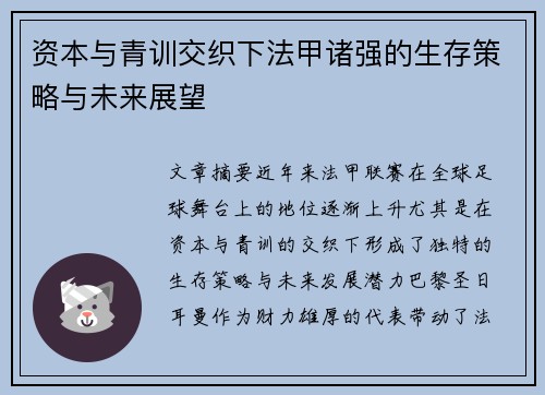 资本与青训交织下法甲诸强的生存策略与未来展望