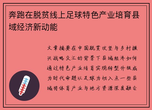 奔跑在脱贫线上足球特色产业培育县域经济新动能